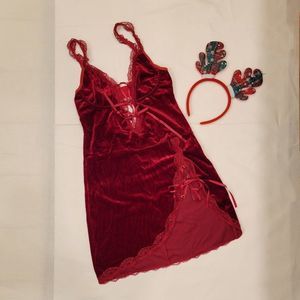 Lace Up Velvet Lingerie with Reindeer Antlers Burgundy Size Small